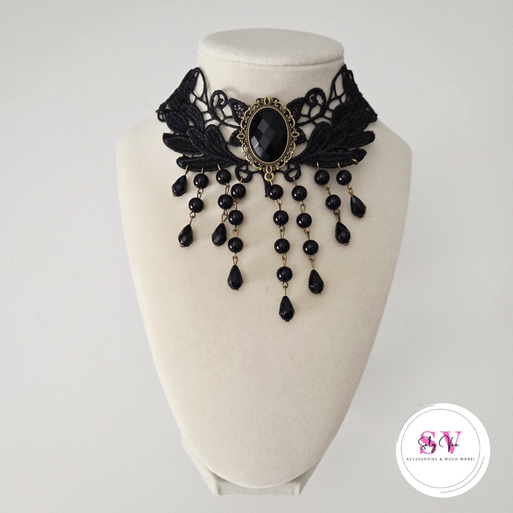 Black Lace Choker With Multiple Beaded Dangles